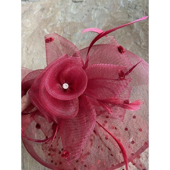 Vintage Hat Fascinator Kentucky Derby Red Rise Polkadot Sheer Headband Mesh - Picture 7 of 11